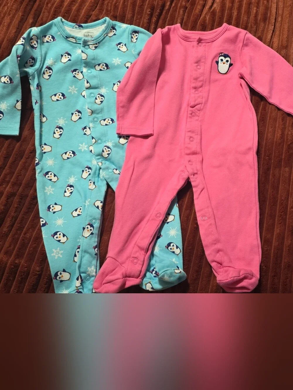 Falls Creek Pink and Teal Penguin Footed One-Piece Sleepers - 2 Pack